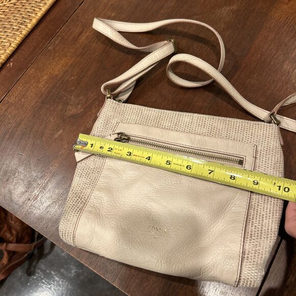 Fossil Leather Fabric Tan and Cream Crossbody Bag Zipped Pockets - Picture 5 of 16